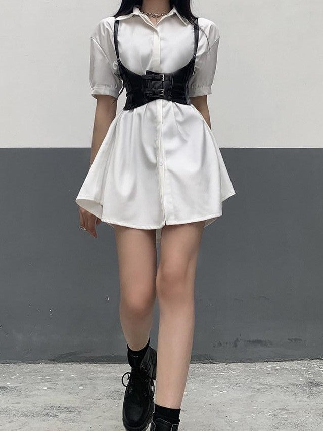 LADYGHOST White Cinched Waist Belt Shirt Dress Women&