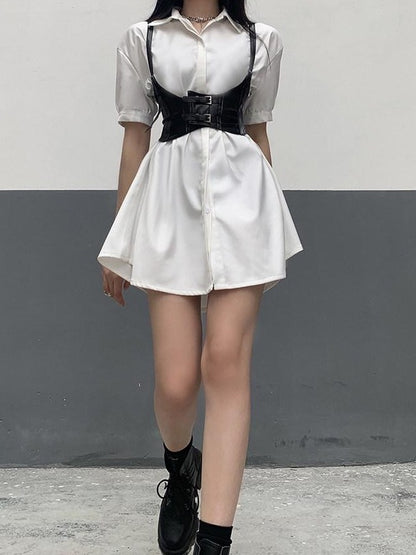 LADYGHOST White Cinched Waist Belt Shirt Dress Women&