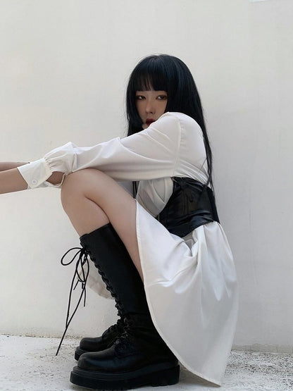 LADYGHOST White Cinched Waist Belt Shirt Dress Women&