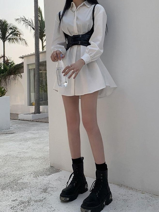 LADYGHOST White Cinched Waist Belt Shirt Dress Women&