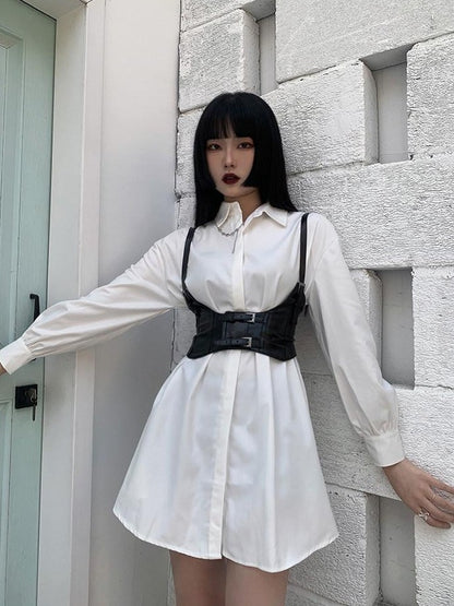 LADYGHOST White Cinched Waist Belt Shirt Dress Women&