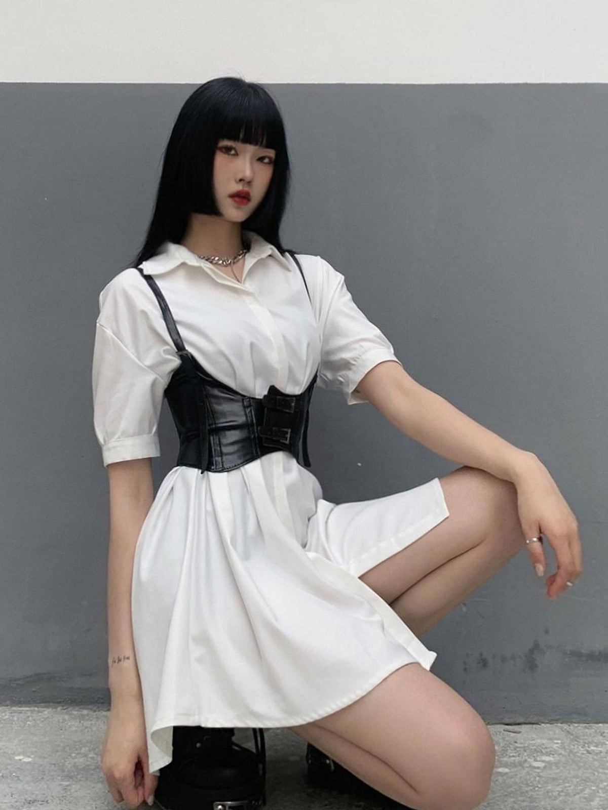 LADYGHOST White Cinched Waist Belt Shirt Dress Women&