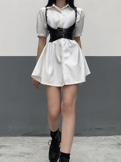 LADYGHOST White Cinched Waist Belt Shirt Dress Women&