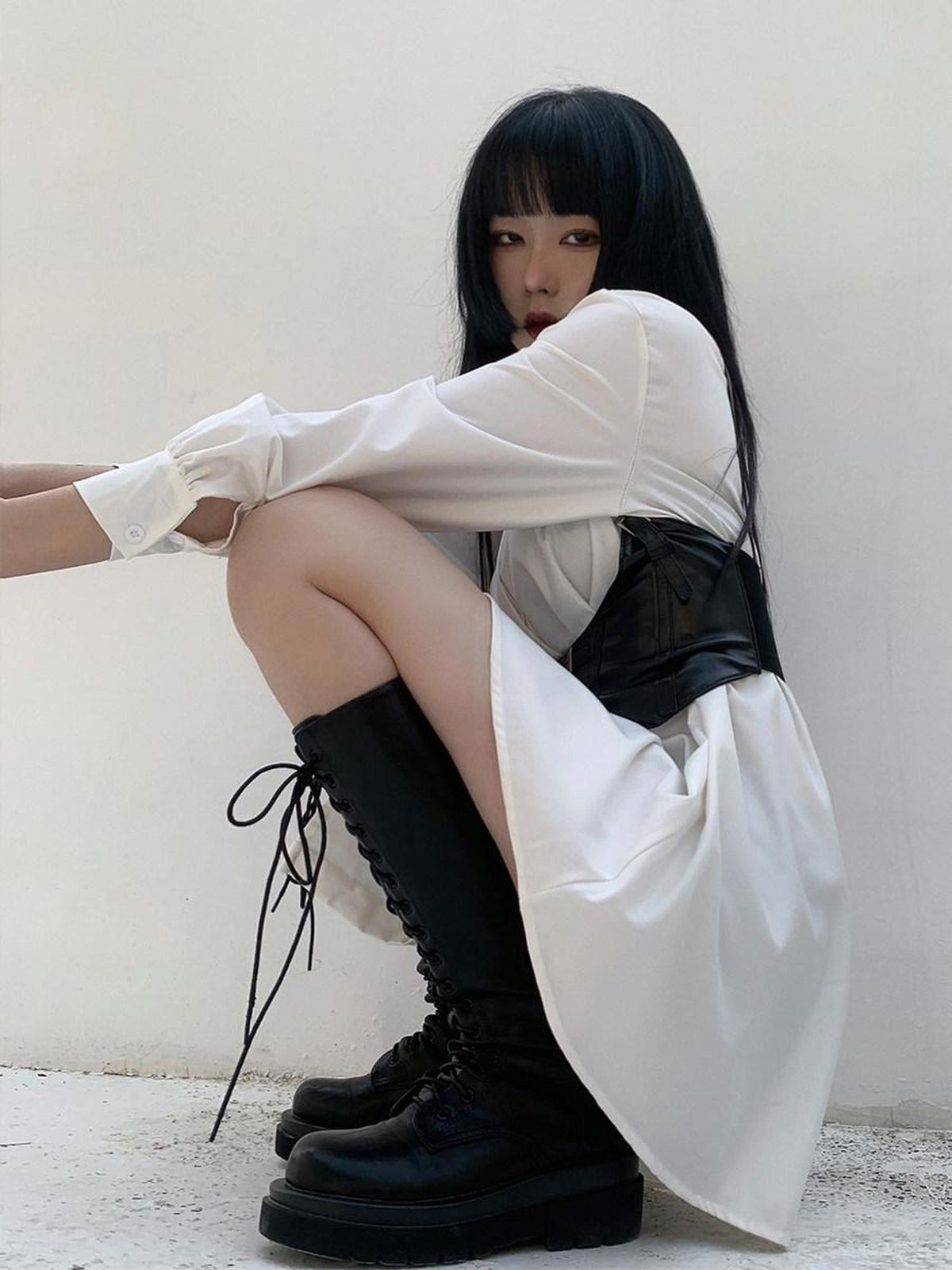 LADYGHOST White Cinched Waist Belt Shirt Dress Women&