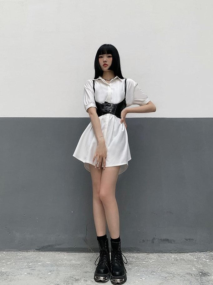 LADYGHOST White Cinched Waist Belt Shirt Dress Women&
