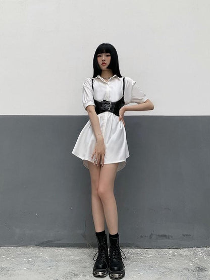 LADYGHOST White Cinched Waist Belt Shirt Dress Women&