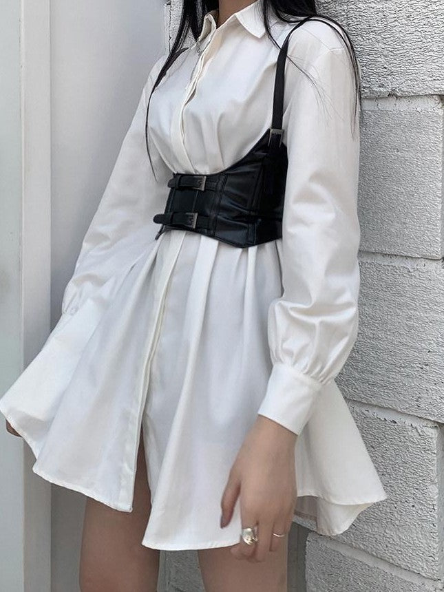 LADYGHOST White Cinched Waist Belt Shirt Dress Women&