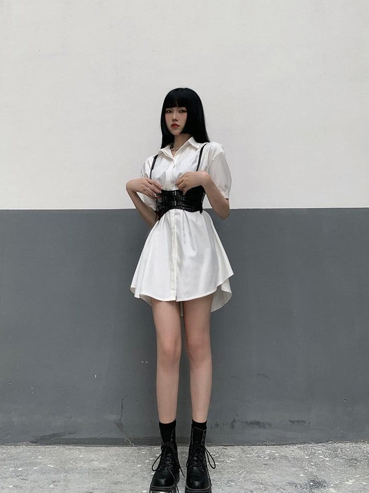 LADYGHOST White Cinched Waist Belt Shirt Dress Women&