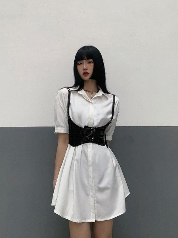 LADYGHOST White Cinched Waist Belt Shirt Dress Women&
