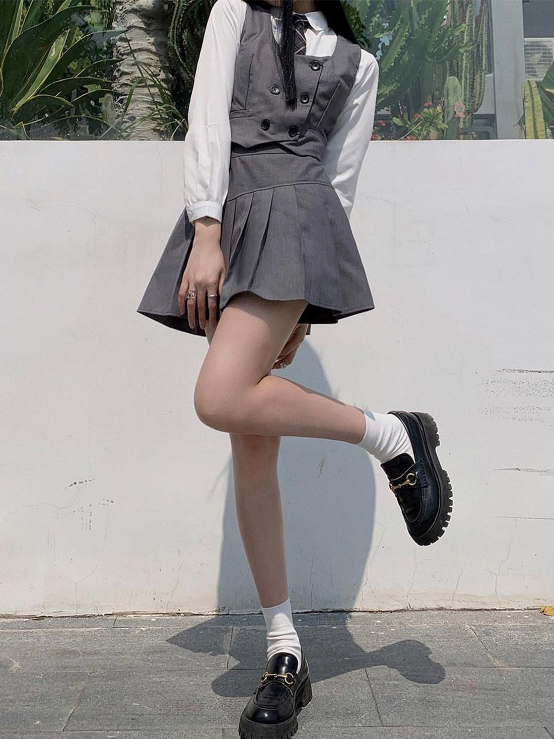 LADYGHOST White Layered Jk Vest And Long Sleeve School Shirt Women&