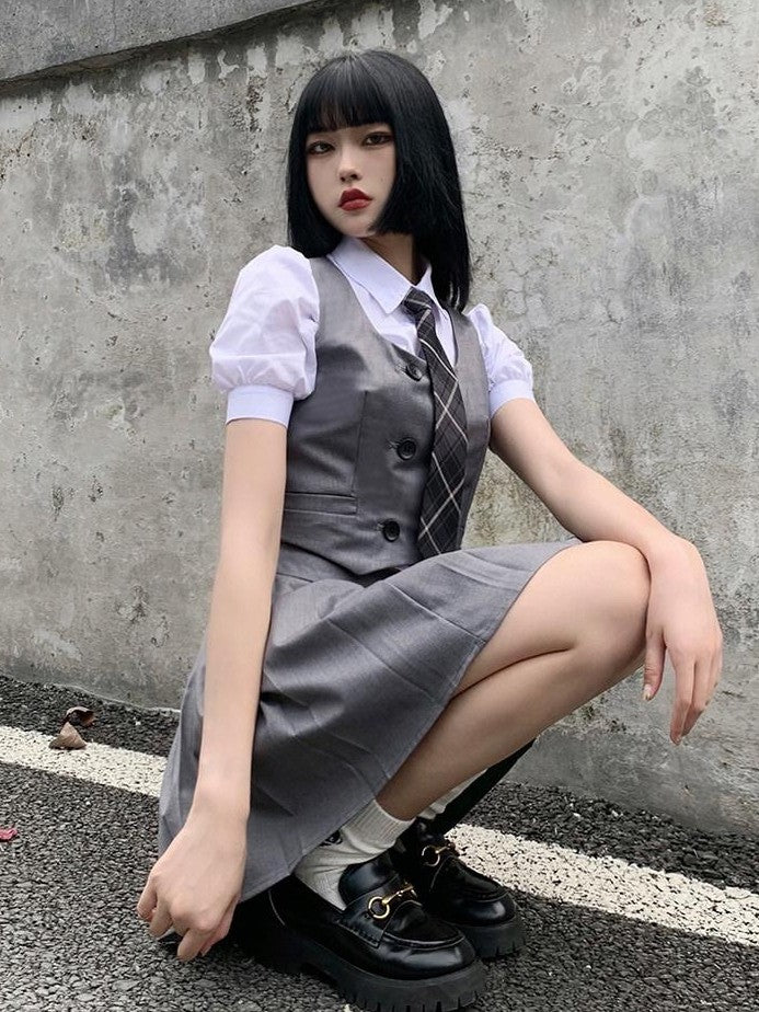LADYGHOST White Layered Jk Vest And Long Sleeve School Shirt Women&