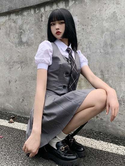LADYGHOST White Layered Jk Vest And Long Sleeve School Shirt Women&