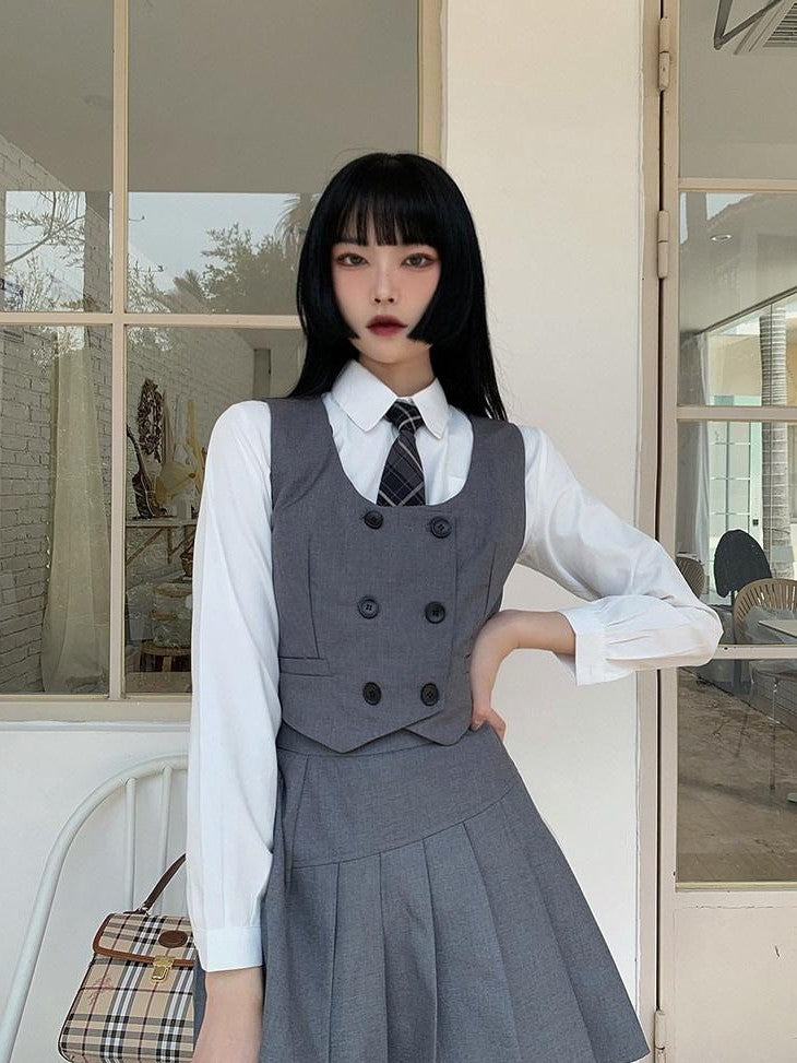 LADYGHOST White Layered Jk Vest And Long Sleeve School Shirt Women&