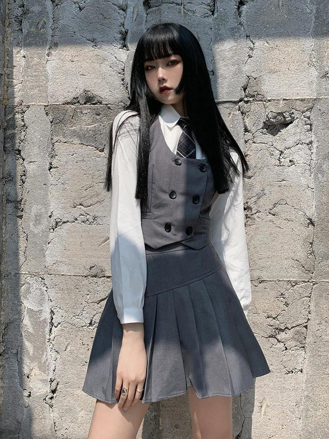 LADYGHOST White Layered Jk Vest And Long Sleeve School Shirt Women&