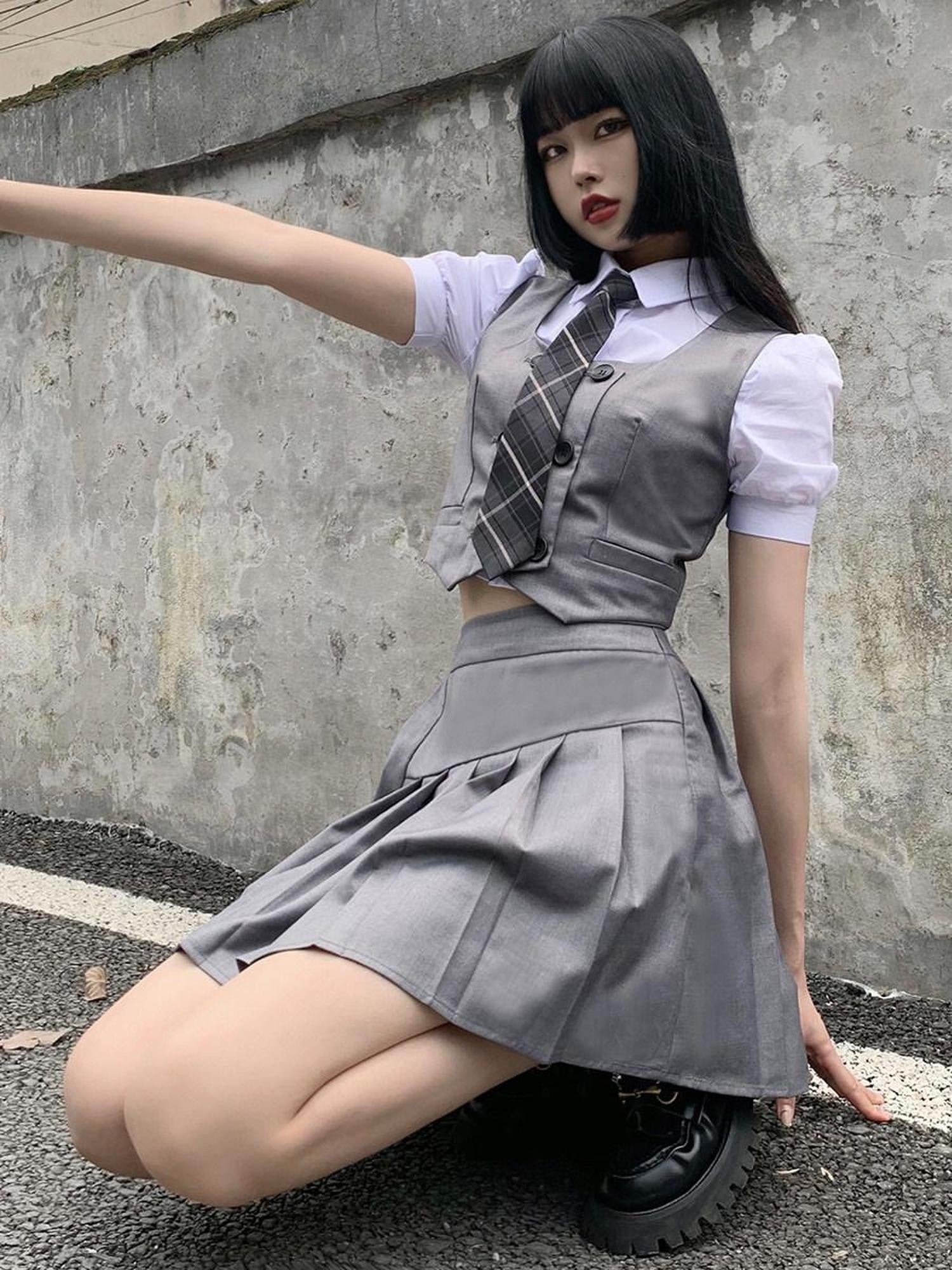 LADYGHOST White Layered Jk Vest And Long Sleeve School Shirt Women&