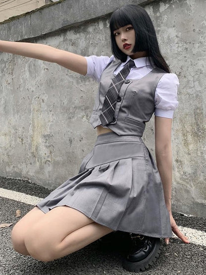 LADYGHOST White Layered Jk Vest And Long Sleeve School Shirt Women&