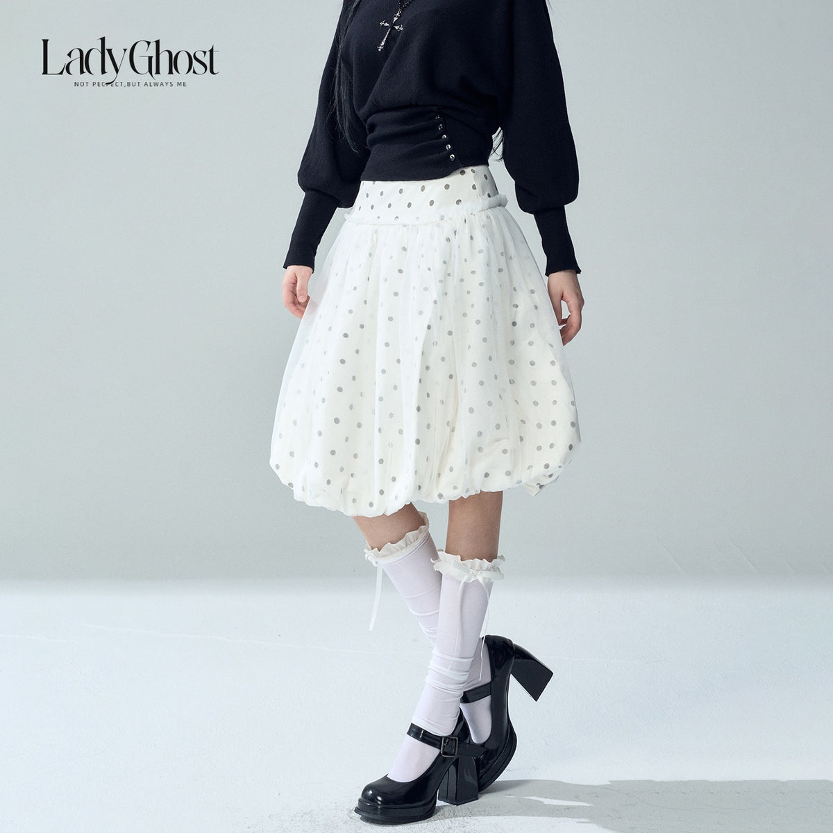 LADYGHOST_White_Polka_Dot_Bubble_Hem_Puff_Cotton_Women&
