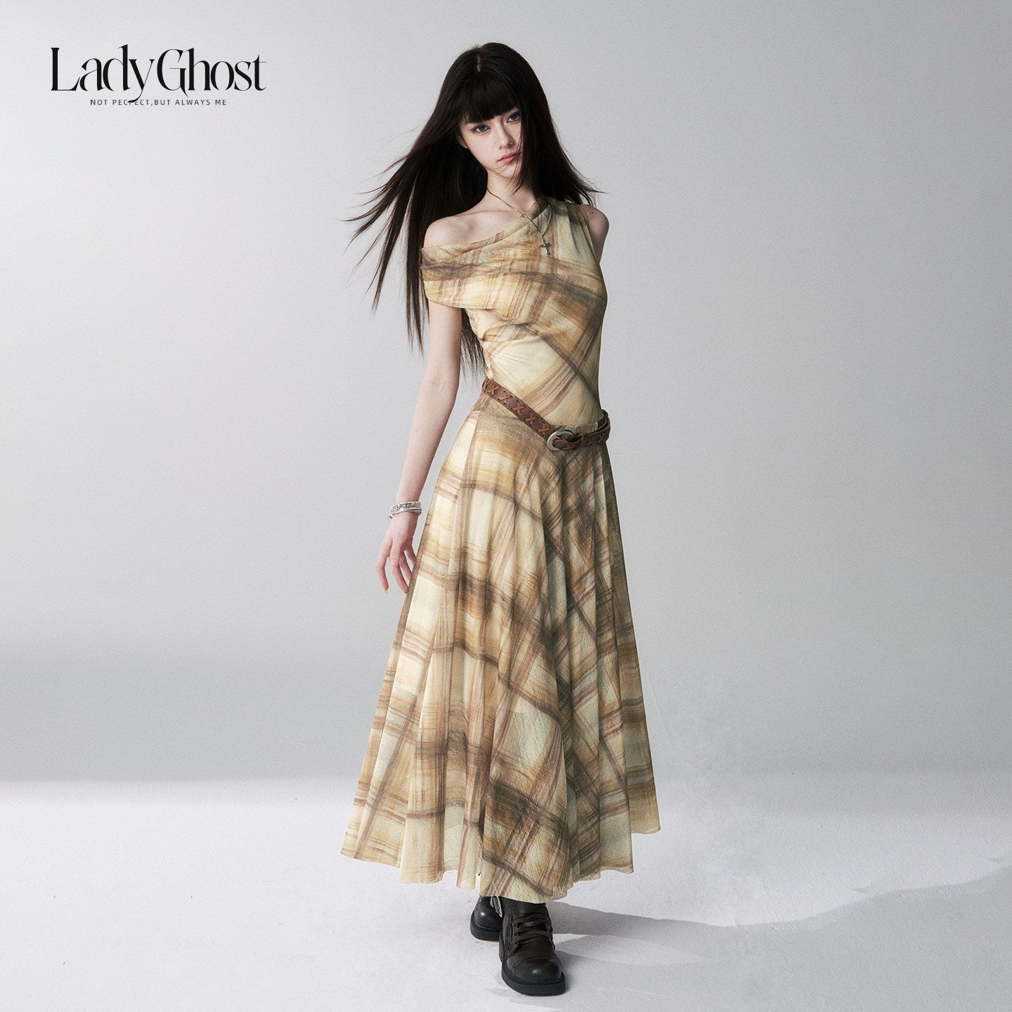 LADYGHOST_Yellow_Plaid_Plunging_Neck_Off_Shoulder_Sleeveless_Women&