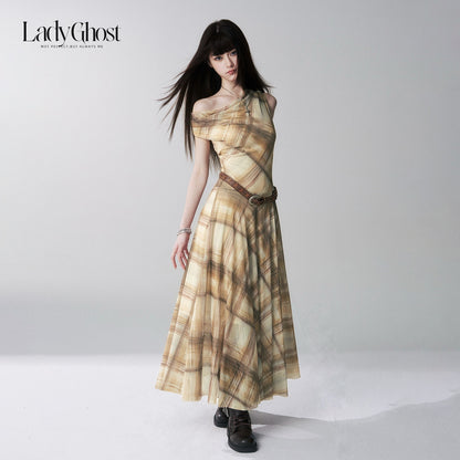 LADYGHOST_Yellow_Plaid_Plunging_Neck_Off_Shoulder_Sleeveless_Women&