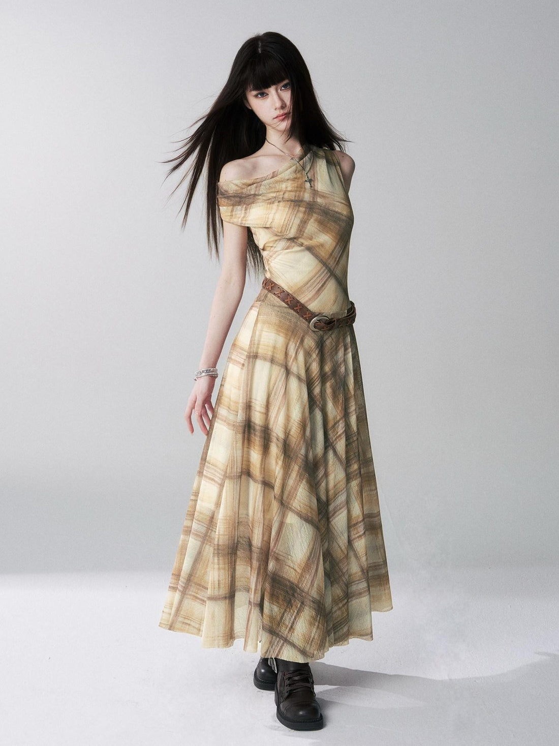 LADYGHOST Yellow Plaid Plunging Neck Off Shoulder Sleeveless Women&