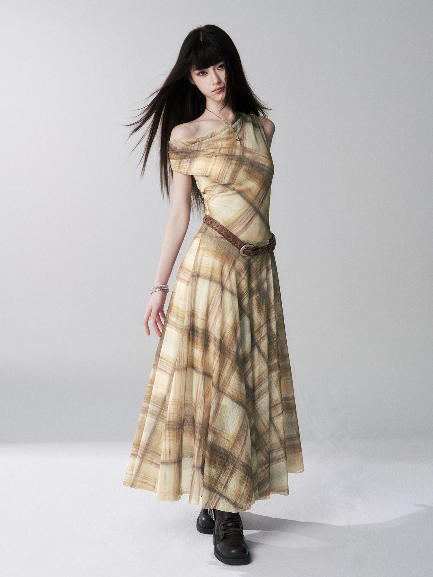 LADYGHOST Yellow Plaid Plunging Neck Off Shoulder Sleeveless Women&