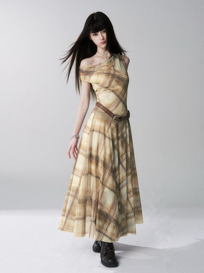 LADYGHOST Yellow Plaid Plunging Neck Off Shoulder Sleeveless Women&