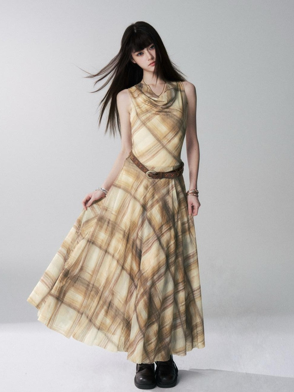 LADYGHOST Yellow Plaid Plunging Neck Off Shoulder Sleeveless Women&