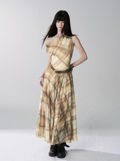 LADYGHOST Yellow Plaid Plunging Neck Off Shoulder Sleeveless Women&