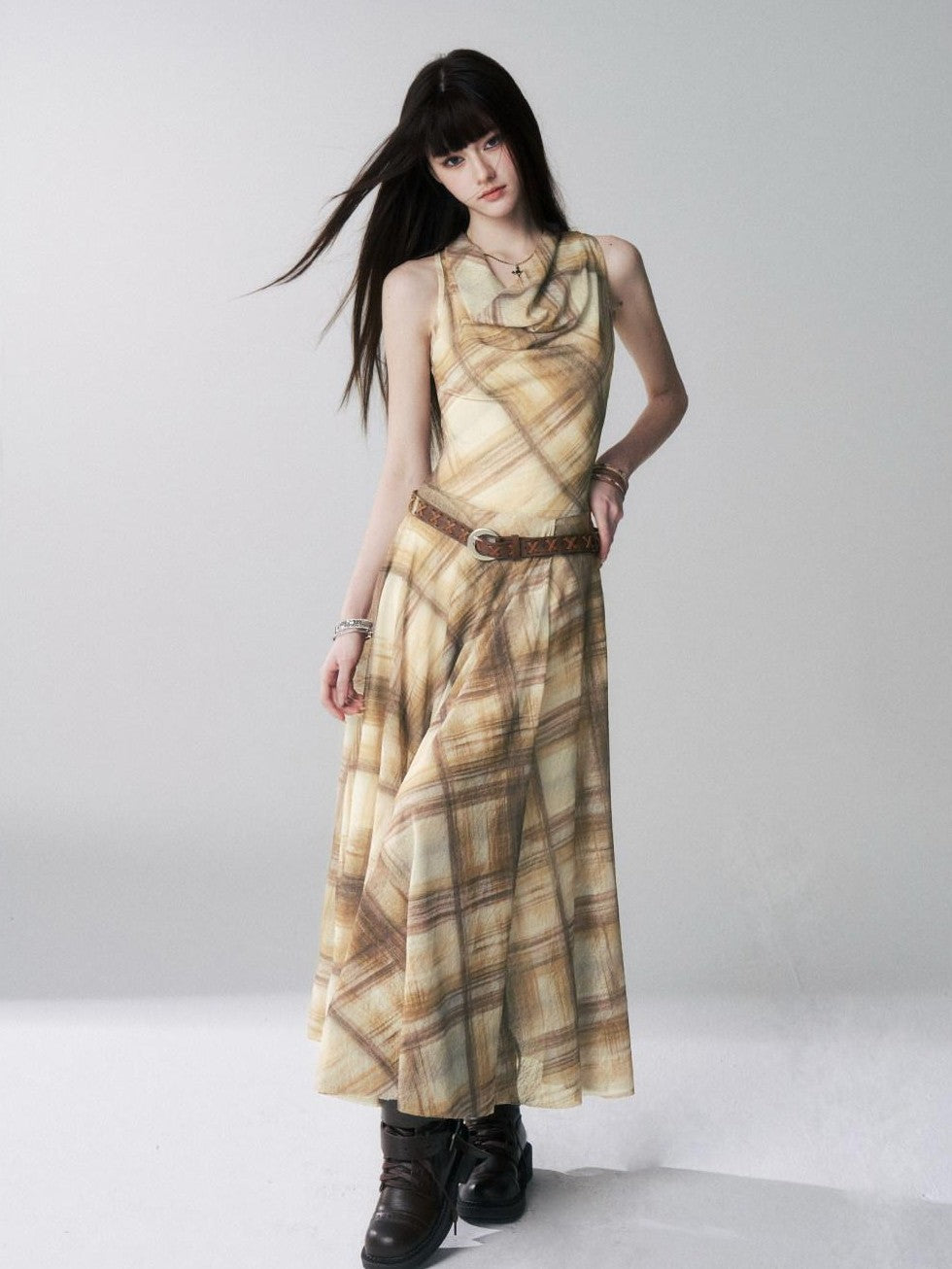 LADYGHOST Yellow Plaid Plunging Neck Off Shoulder Sleeveless Women&
