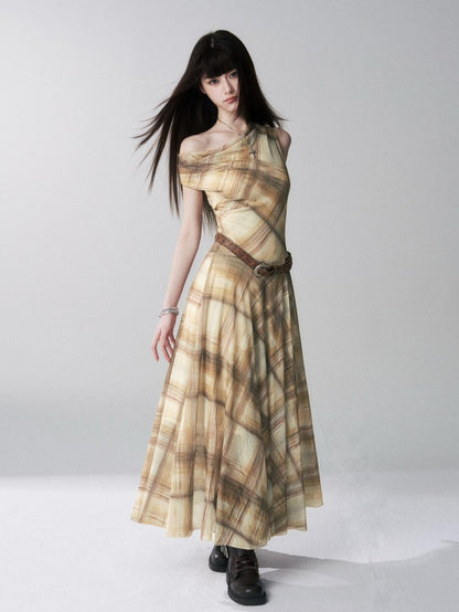 LADYGHOST Yellow Plaid Plunging Neck Off Shoulder Sleeveless Women&