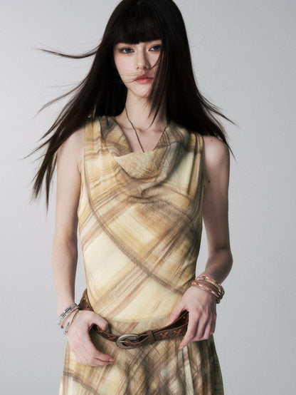 LADYGHOST Yellow Plaid Plunging Neck Off Shoulder Sleeveless Women&