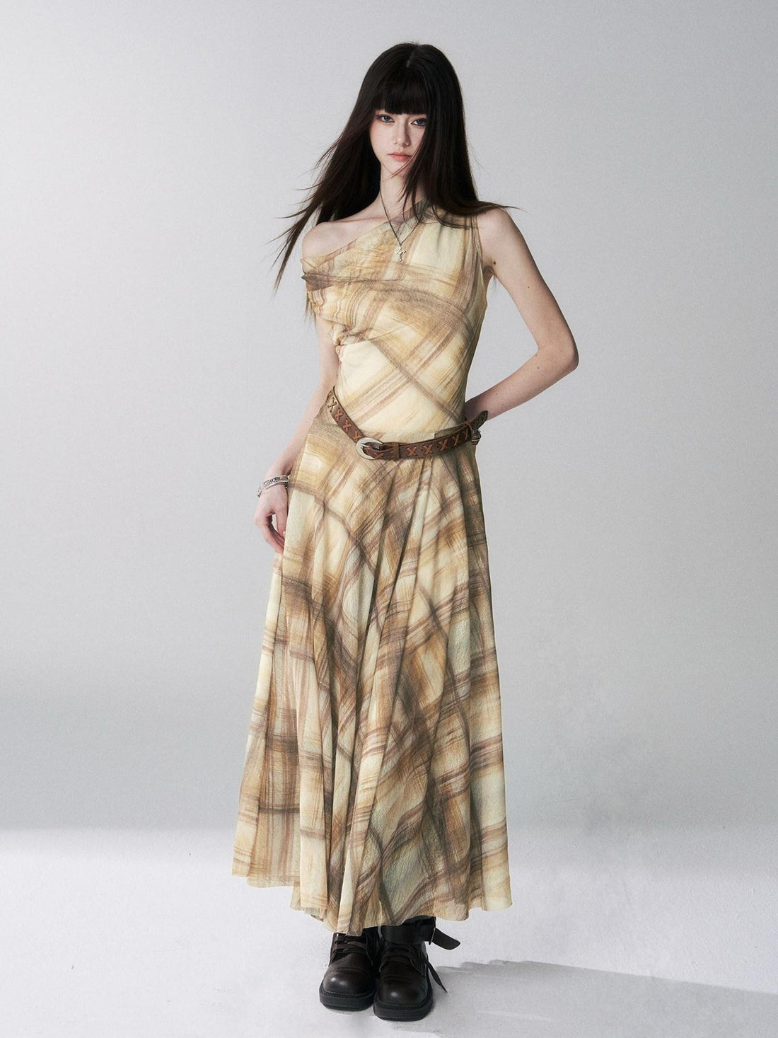 LADYGHOST Yellow Plaid Plunging Neck Off Shoulder Sleeveless Women&
