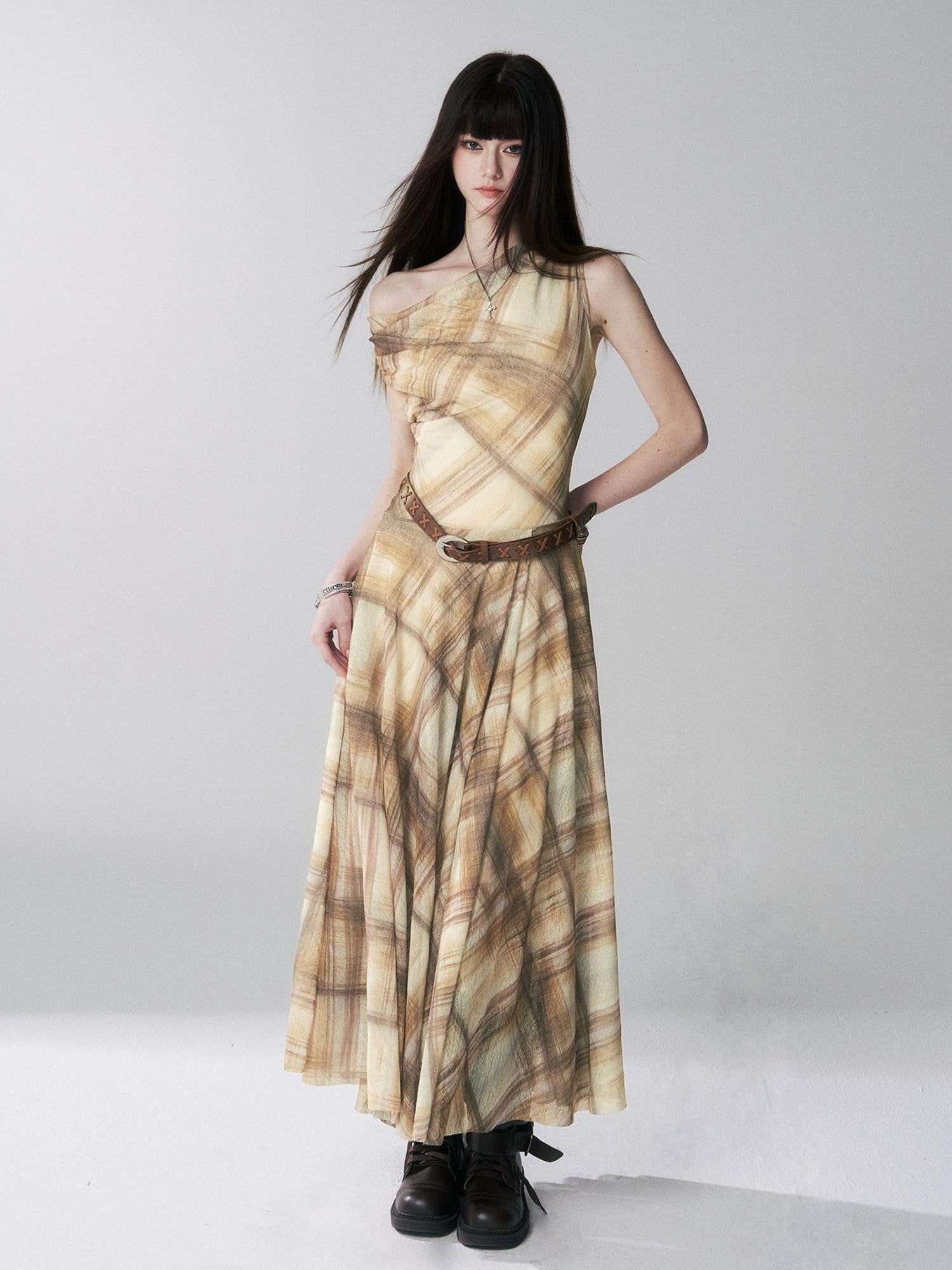 LADYGHOST Yellow Plaid Plunging Neck Off Shoulder Sleeveless Women&