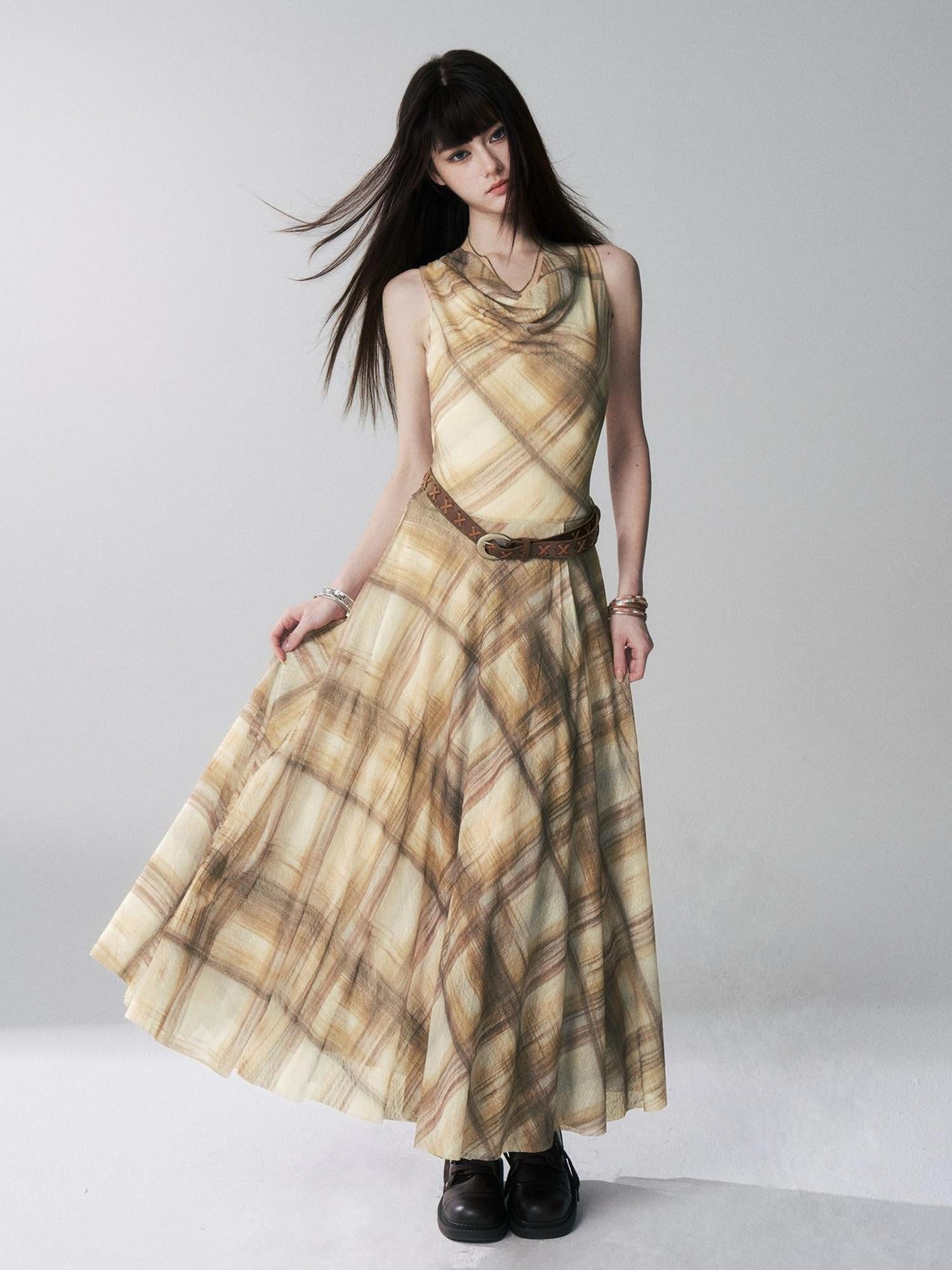 LADYGHOST Yellow Plaid Plunging Neck Off Shoulder Sleeveless Women&