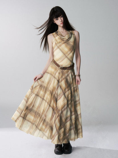 LADYGHOST Yellow Plaid Plunging Neck Off Shoulder Sleeveless Women&