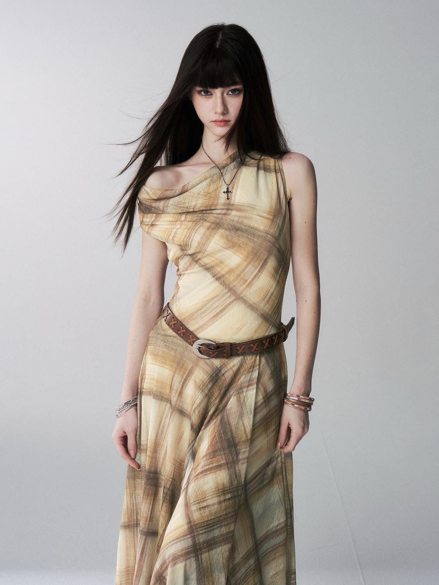LADYGHOST Yellow Plaid Plunging Neck Off Shoulder Sleeveless Women&