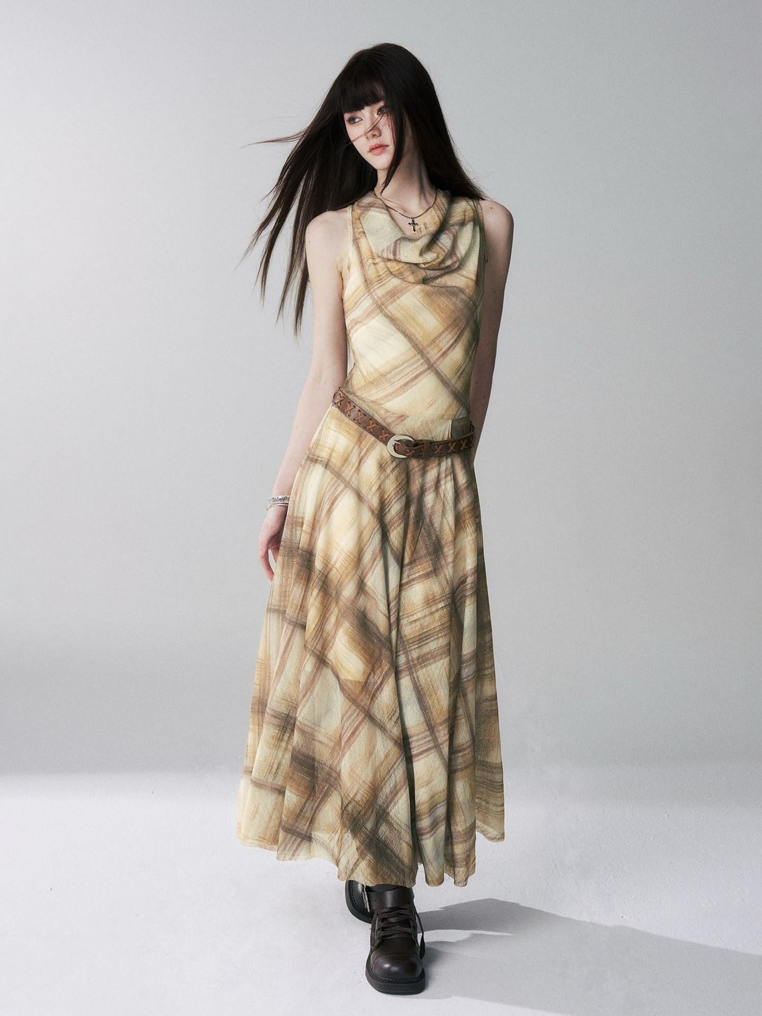 LADYGHOST Yellow Plaid Plunging Neck Off Shoulder Sleeveless Women&