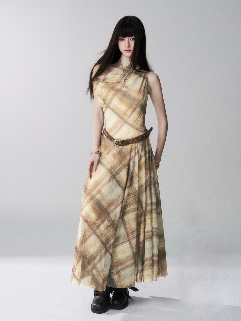LADYGHOST Yellow Plaid Plunging Neck Off Shoulder Sleeveless Women&