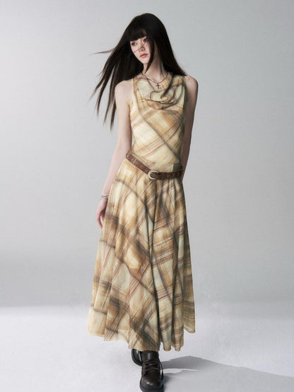 LADYGHOST Yellow Plaid Plunging Neck Off Shoulder Sleeveless Women&