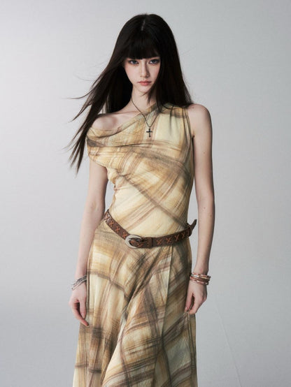 LADYGHOST Yellow Plaid Plunging Neck Off Shoulder Sleeveless Women&