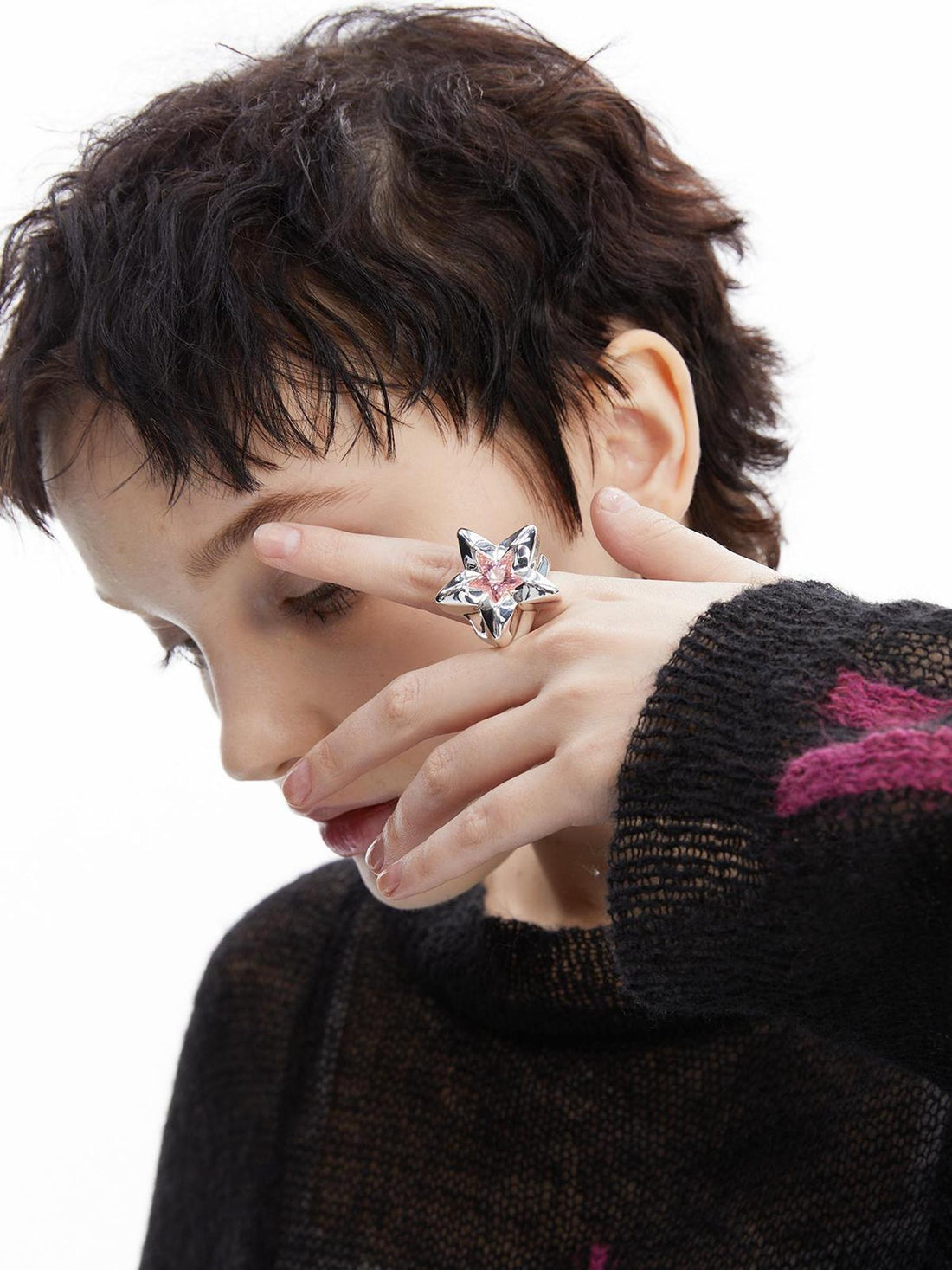 LYUOCHENG 18k White Gold Plated Pink Zirconia Star Ring