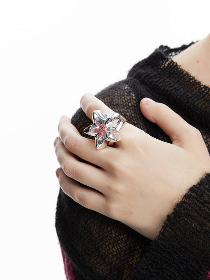 LYUOCHENG 18k White Gold Plated Pink Zirconia Star Ring