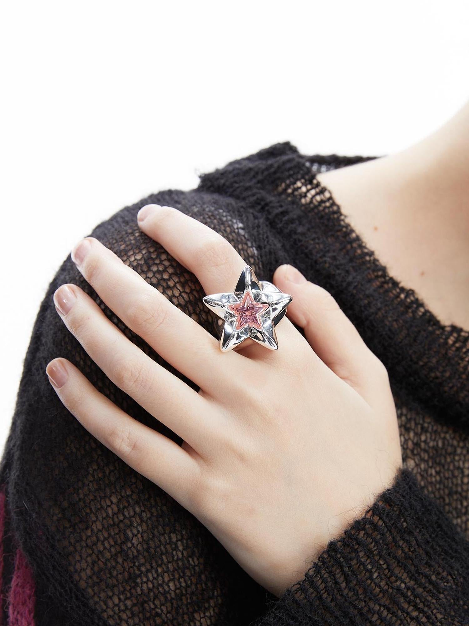 LYUOCHENG 18k White Gold Plated Pink Zirconia Star Ring