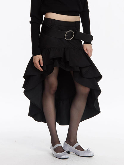 LYUOCHENG A Line Asymmetrical Ruffle Hem Skirt