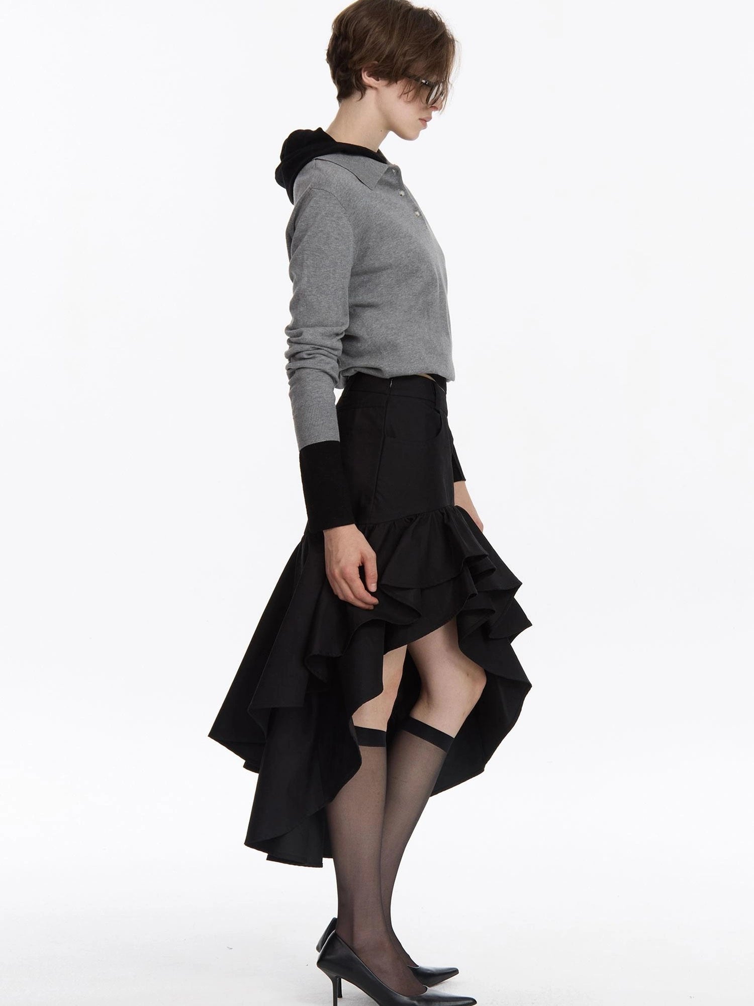 LYUOCHENG A Line Asymmetrical Ruffle Hem Skirt