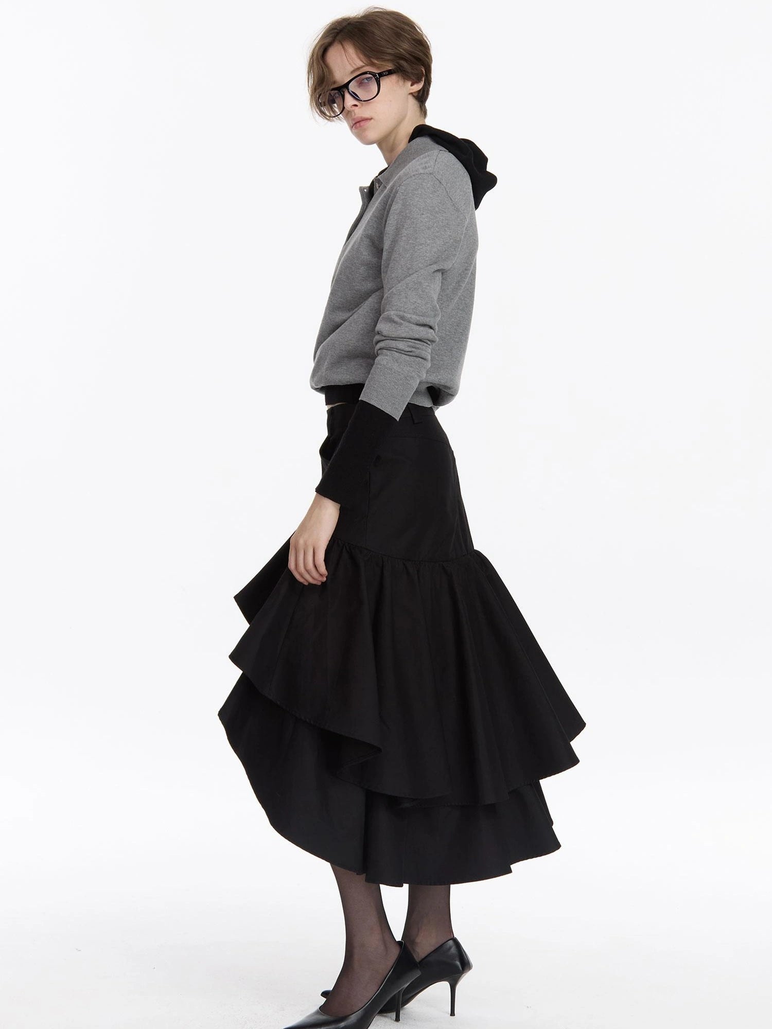 LYUOCHENG A Line Asymmetrical Ruffle Hem Skirt