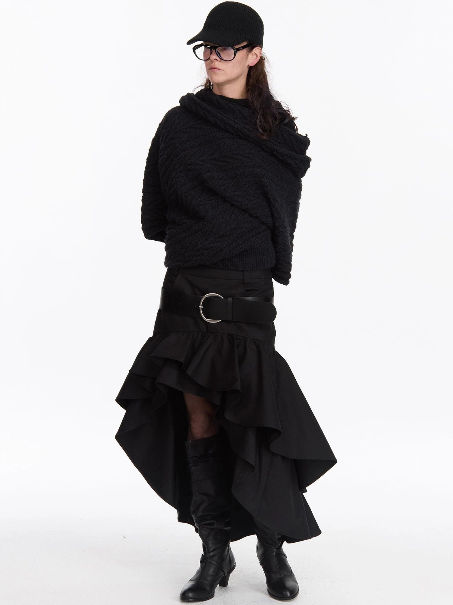 LYUOCHENG A Line Asymmetrical Ruffle Hem Skirt