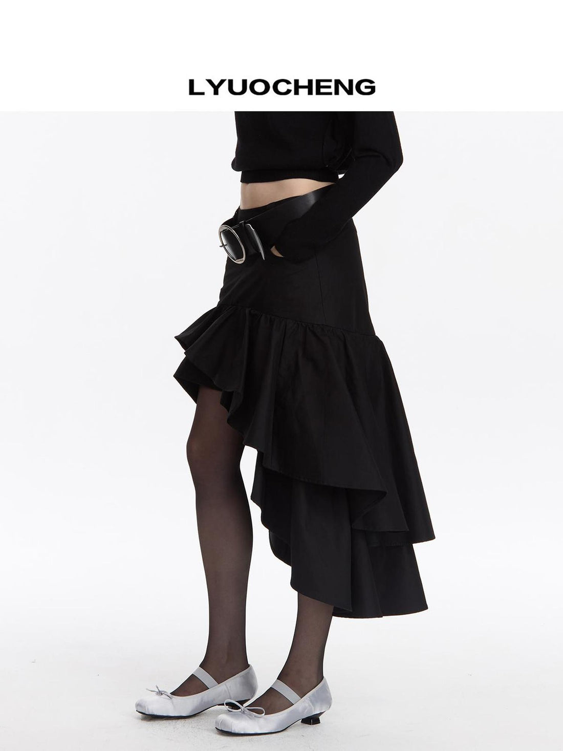 LYUOCHENG A Line Asymmetrical Ruffle Hem Skirt