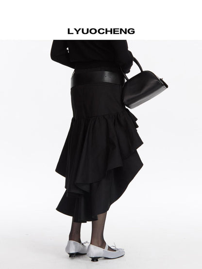 LYUOCHENG A Line Asymmetrical Ruffle Hem Skirt