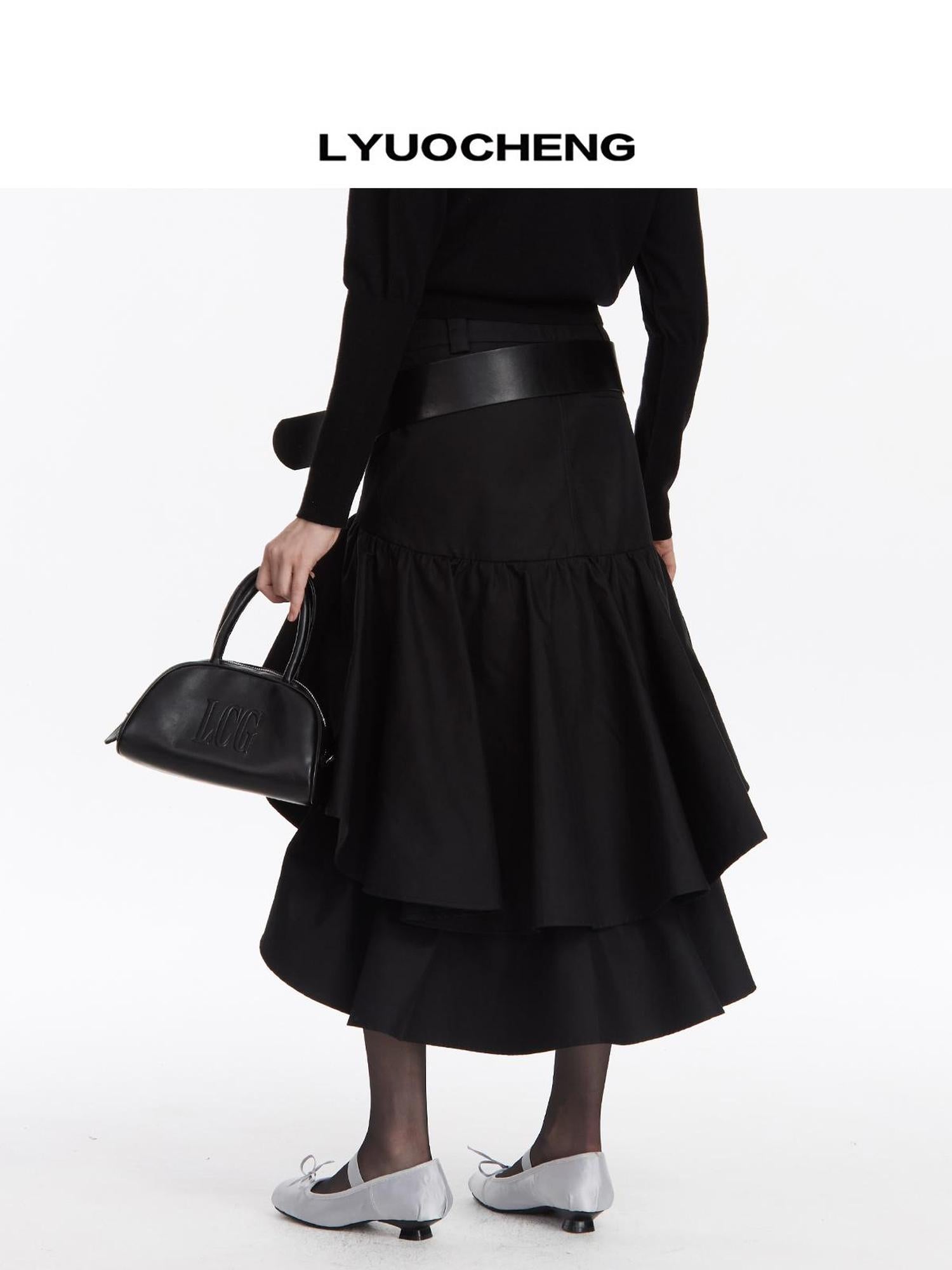 LYUOCHENG A Line Asymmetrical Ruffle Hem Skirt